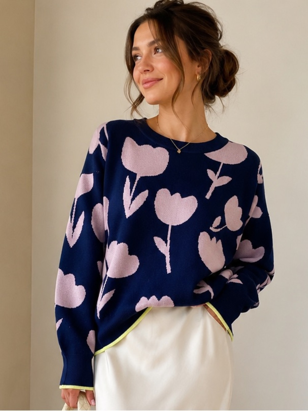 Scotch & Soda Floral Tulip Knit Sweater Navy Pink Crewneck Size S